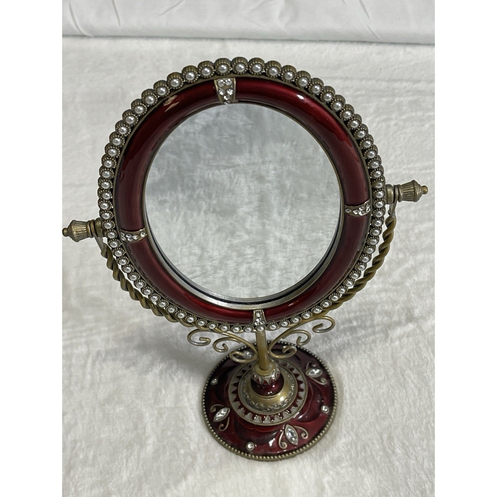 Tabletop Standing Vanity Mirror Enamel Rhinestone Pearl Granny Core Burgundy Red